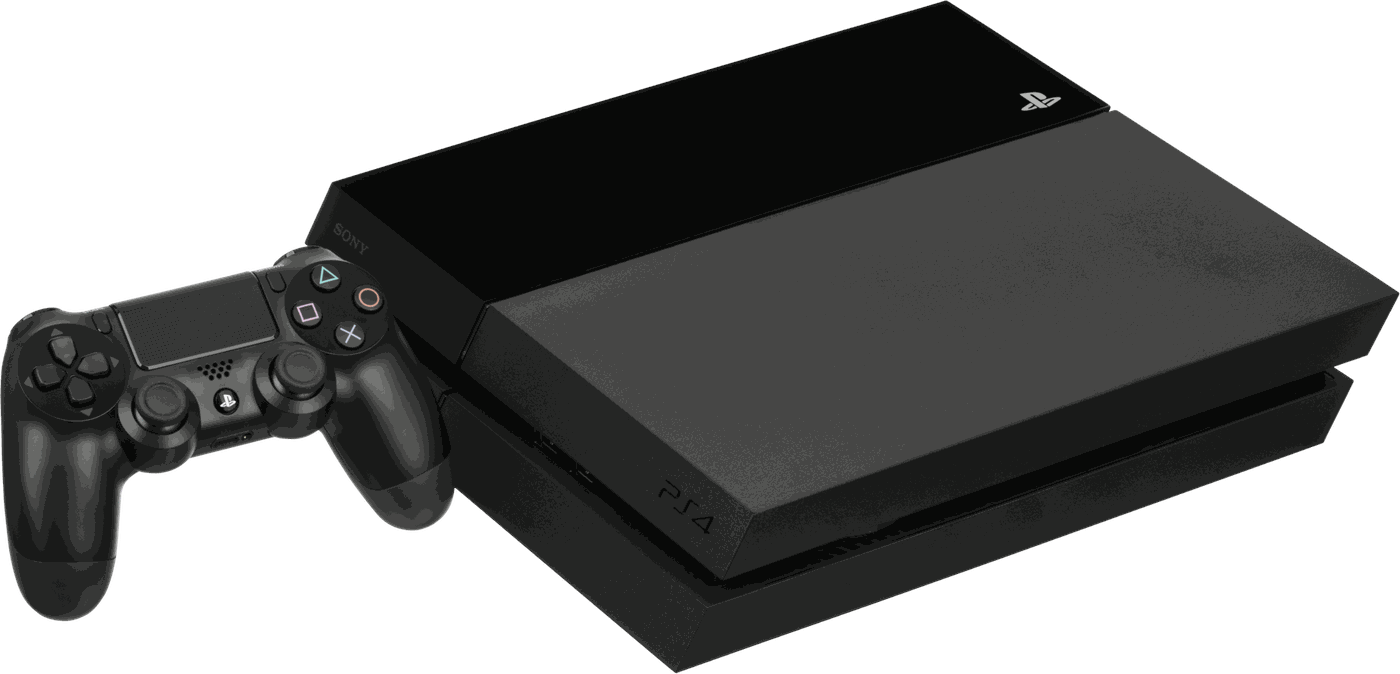 PlayStation 4 del primo modello, in orizzontale, con il DualShock 4 davanti